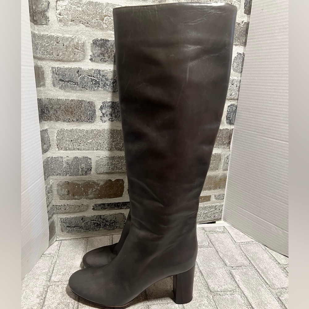 CHLOE Gray Leather Wooden Heel Tall Boots, Size 40-9